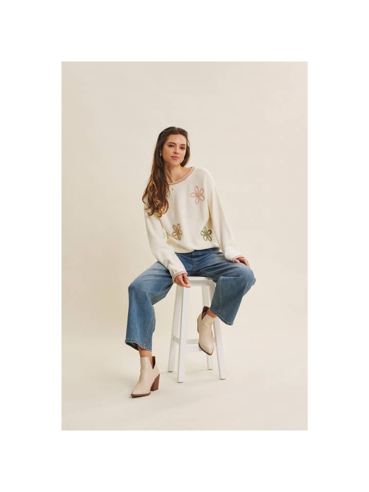 in february - Wholesale Knit Sweater - Women's - EFFORTLESS COMFORT CONTRAST FLORAL APPLIQUE SOFT SWEATER33