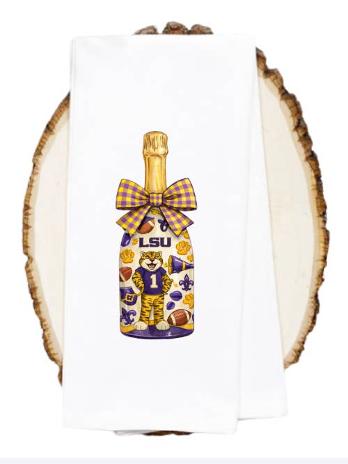 Lsu Gingham-Schleife Champagnerflasche dekoratives Handtuch für den Großhandel von The Panicked Pelican