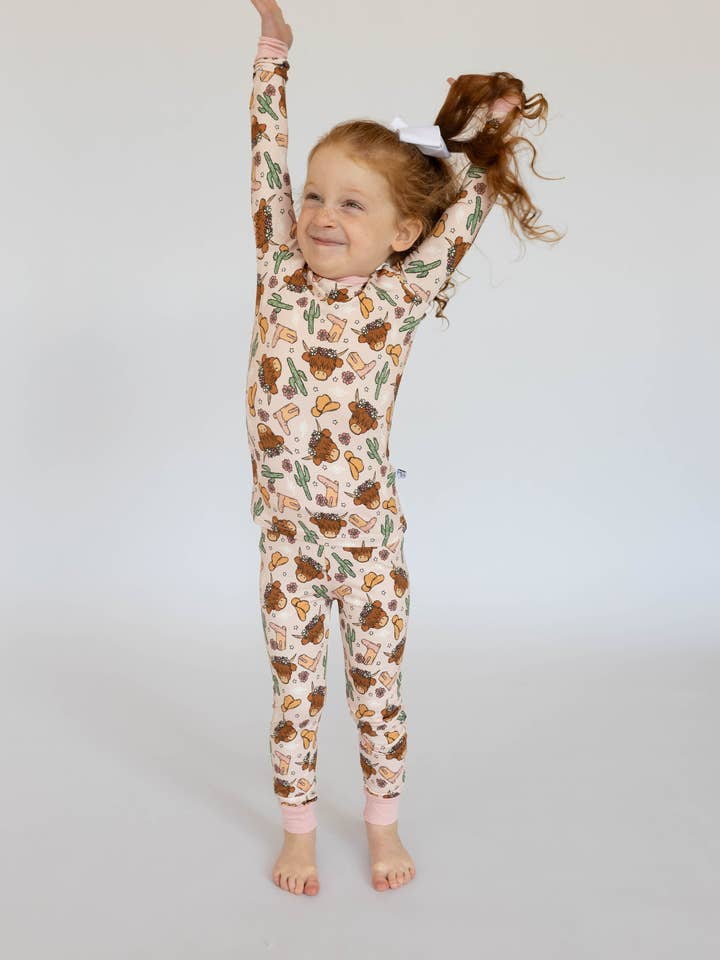 Pink Highland Cow 2 piece PJ's for wholesale by House of Henry