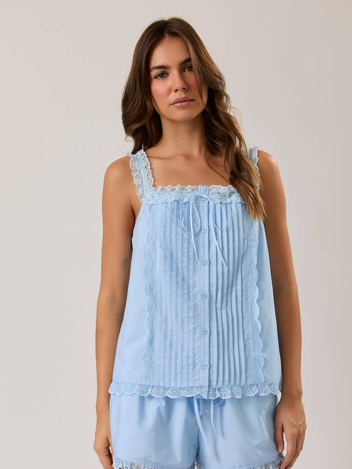 SQUARE NECK LACE TRIM PINTUCK DETAIL PAJAMA TOP for wholesale by LE LIS