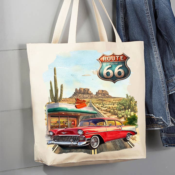 Route 66 Vintage Car Diner Canvas Tote Bag for wholesale by Avery Lane Gifts