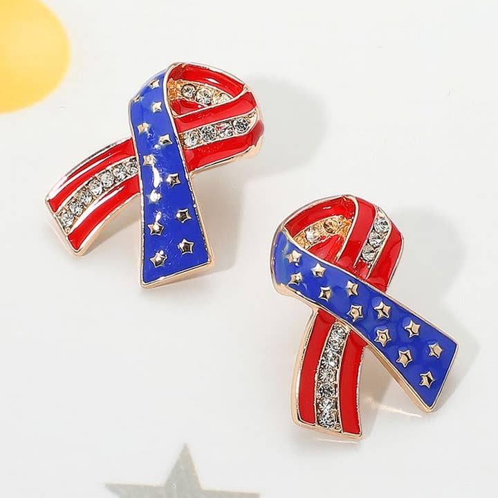 Stone Paved Enamel American USA Flag Bow Earrings for wholesale by Sensibling Corp.