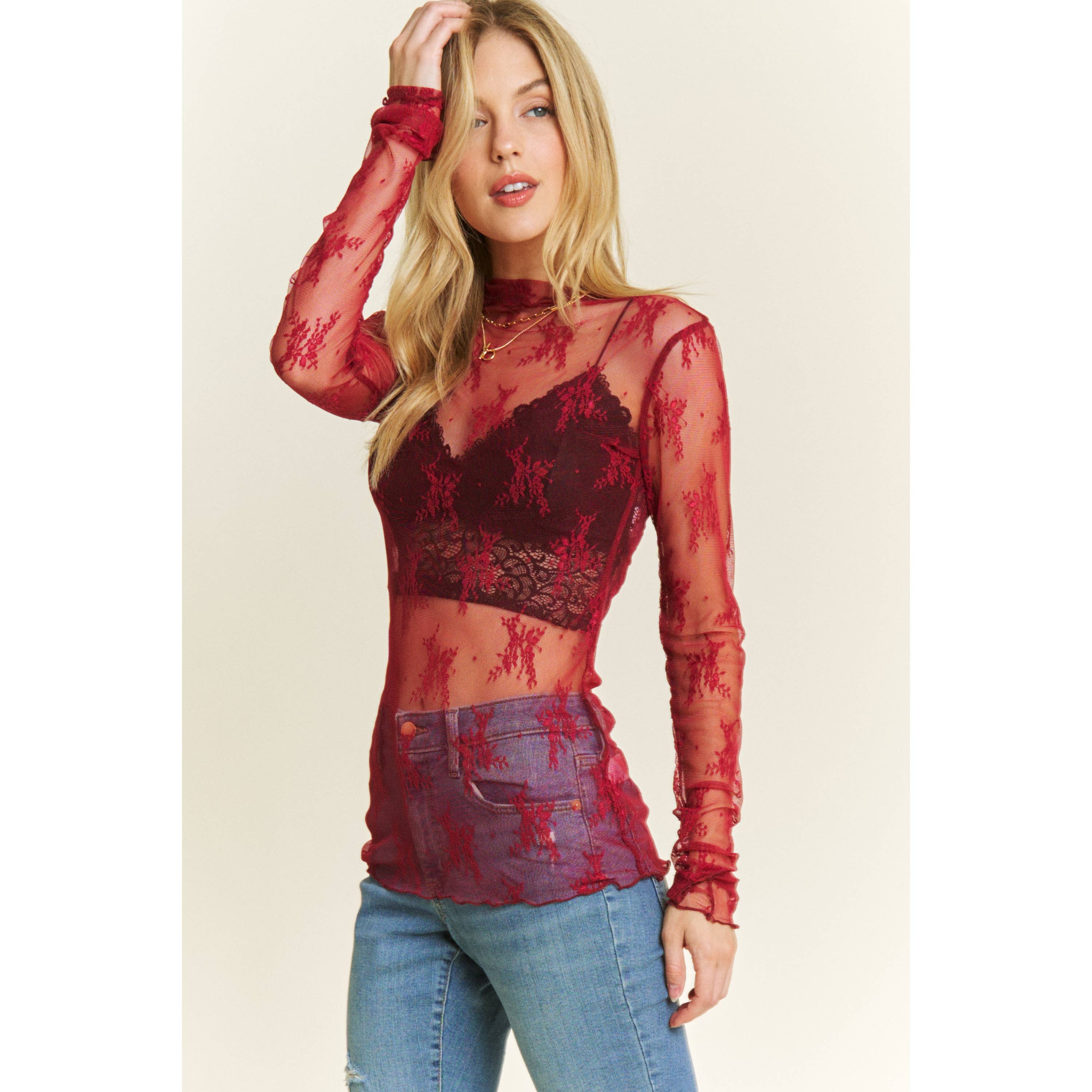 Sweet Generis - Wholesale Knit Top - Women's - MESH LACE HIGH NECK DESIGN LONG SLEEVE FITTED TOP72