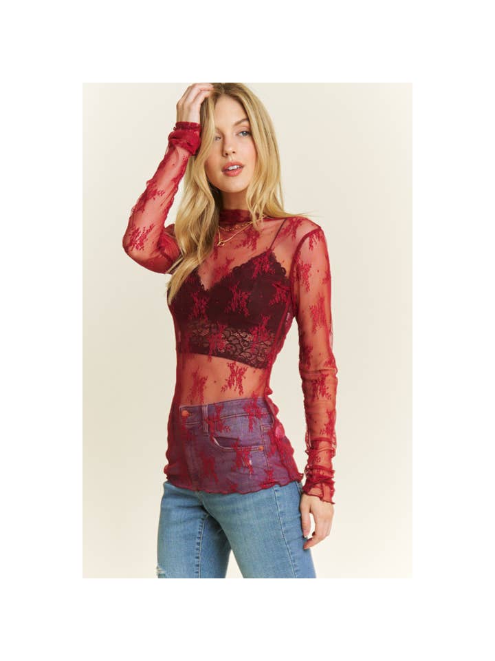 Sweet Generis - Wholesale Knit Top - Women's - MESH LACE HIGH NECK DESIGN LONG SLEEVE FITTED TOP72