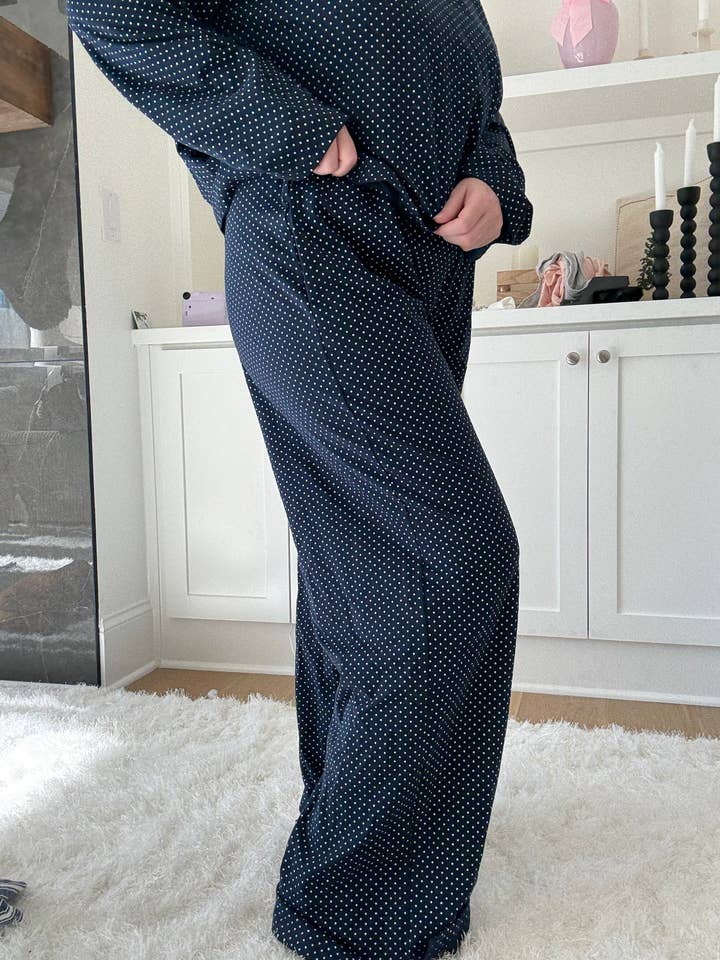 Navy Blue Polka Dot Loungewear Pants for wholesale by Sunkissed Coconut