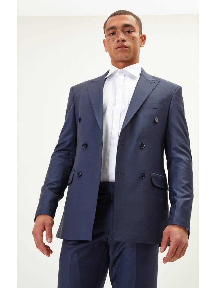 NAVY SOLIDO Abito da uomo Ron Tomson doppiopetto in lana Merino Super 120s, blu navy in vendita all'ingrosso su Faire14