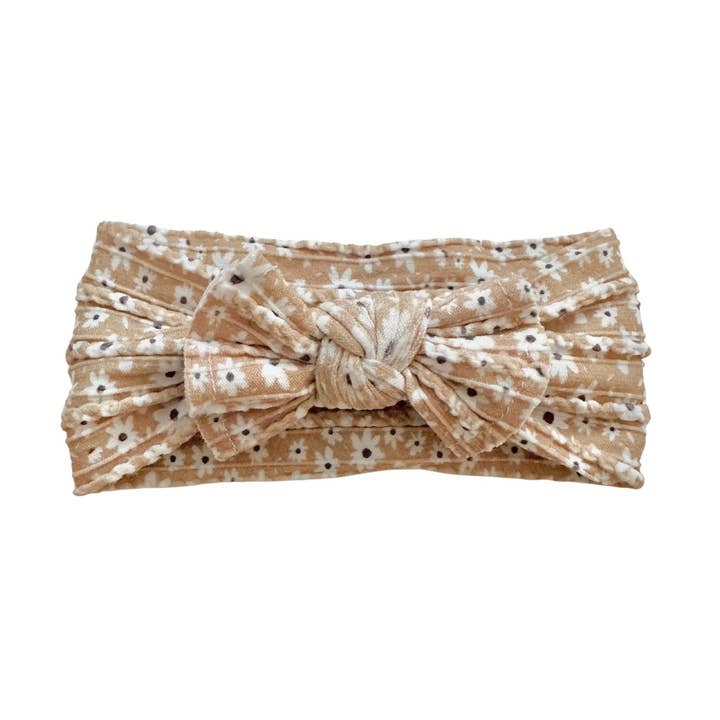 Nylon Cable Knit Knotted Headband - White Floral for wholesale by Harp Angel Boutique