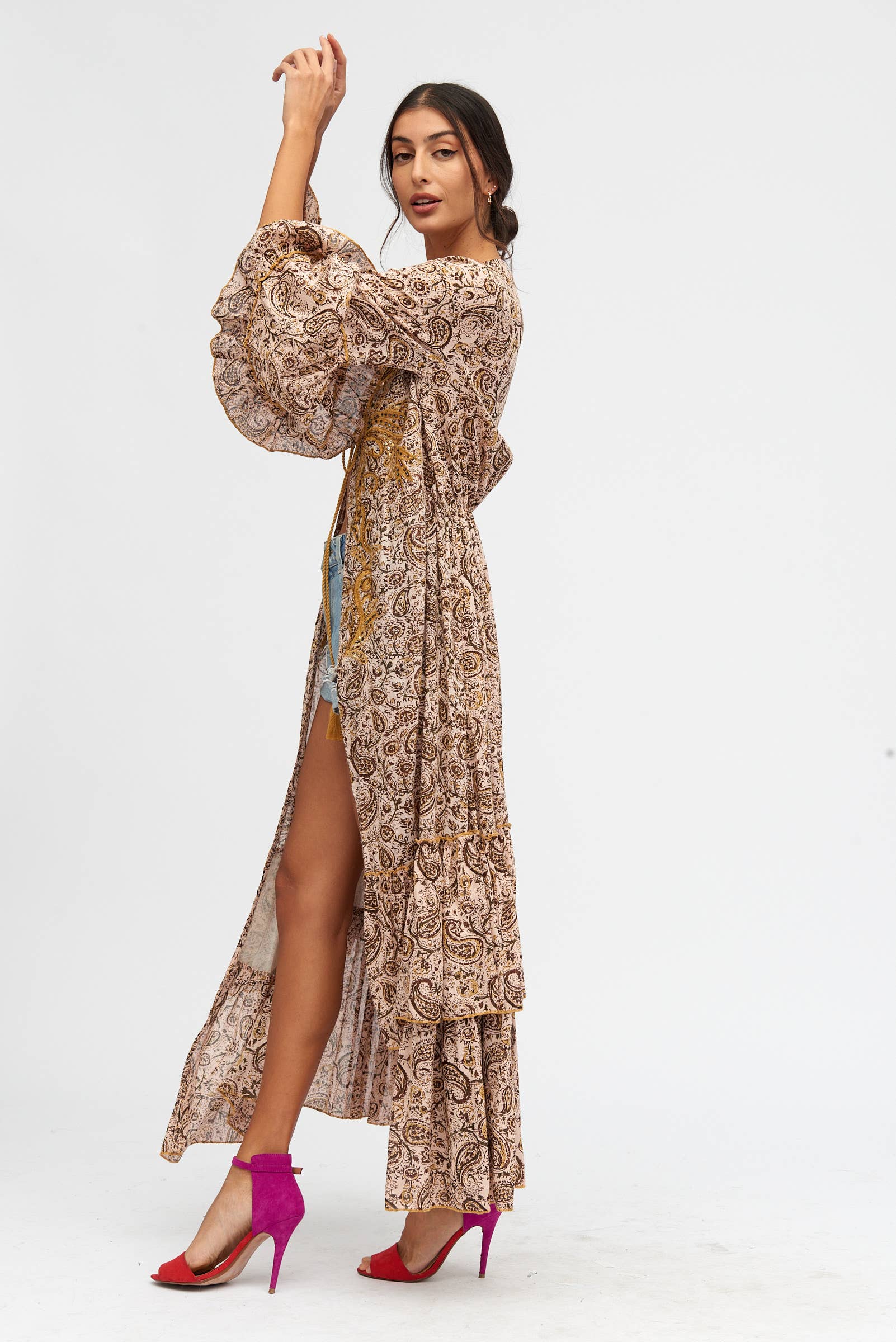  PETROL BLUE BEIGE PINK  HAND-EMBROIDERED PAISLEY PRINT KIMONO for wholesale on Faire3