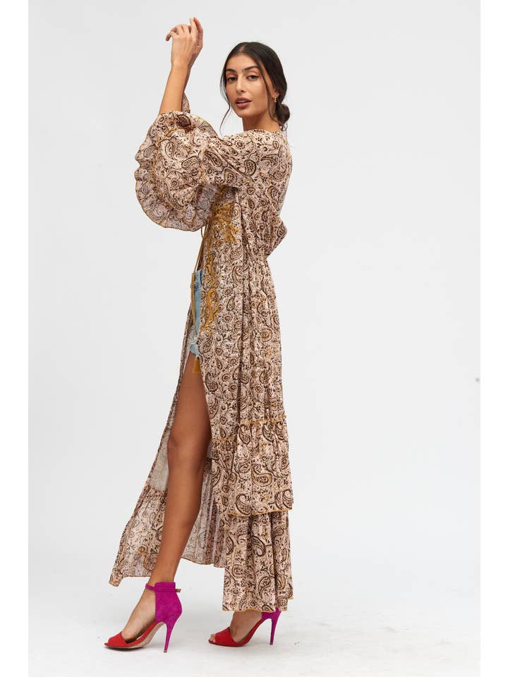 PETROL BLUE BEIGE PINK HAND-EMBROIDERED PAISLEY PRINT KIMONO for wholesale on Faire3