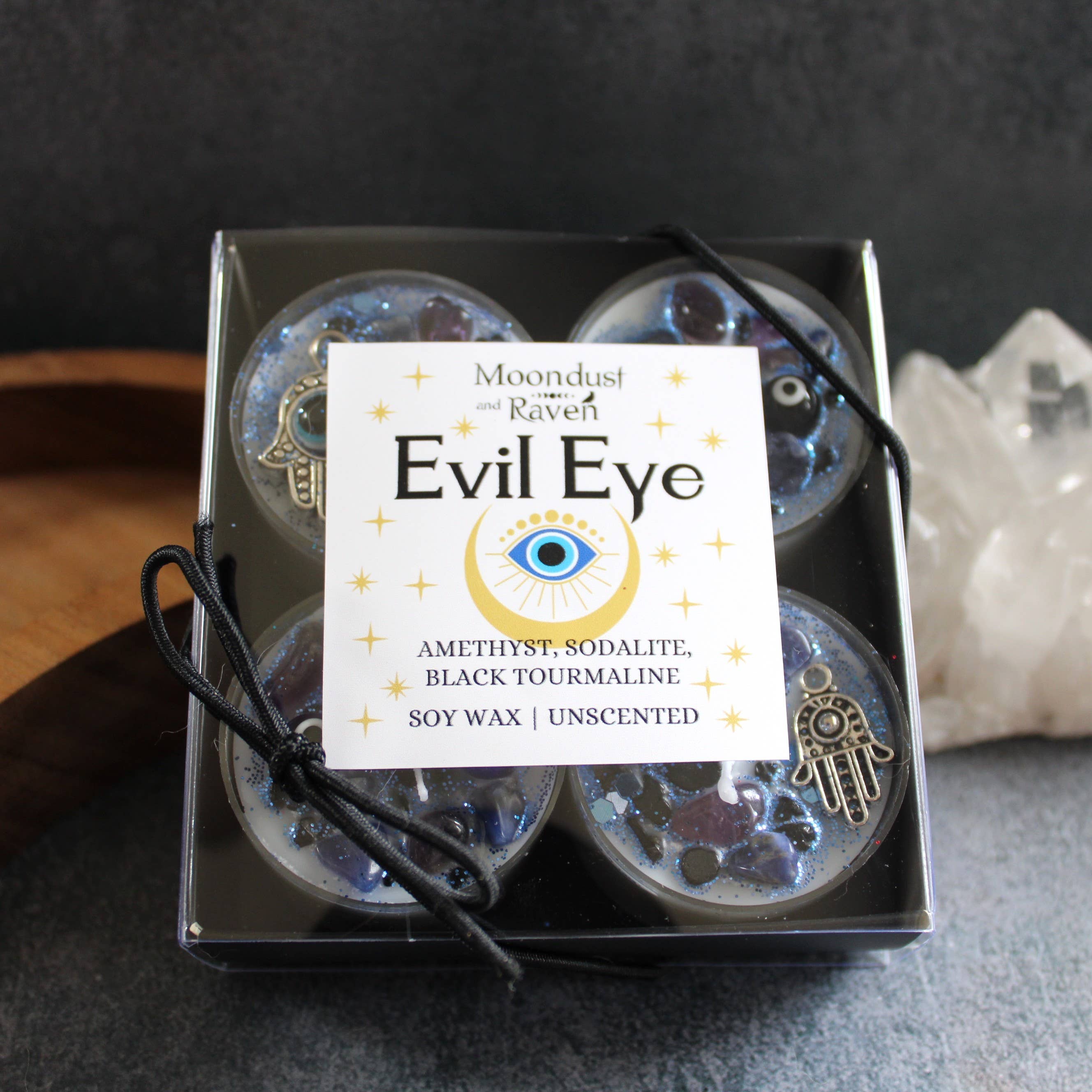 Moondust and Raven - Vente Bougies chauffe-plats - Bougies chauffe-plat en cristal Evil Eye, bougies rituelles