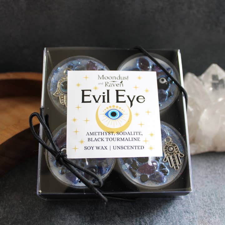 Moondust and Raven - Wholesale Tea Light Candles - Evil Eye Tealight Crystal Candles, Ritual Candles