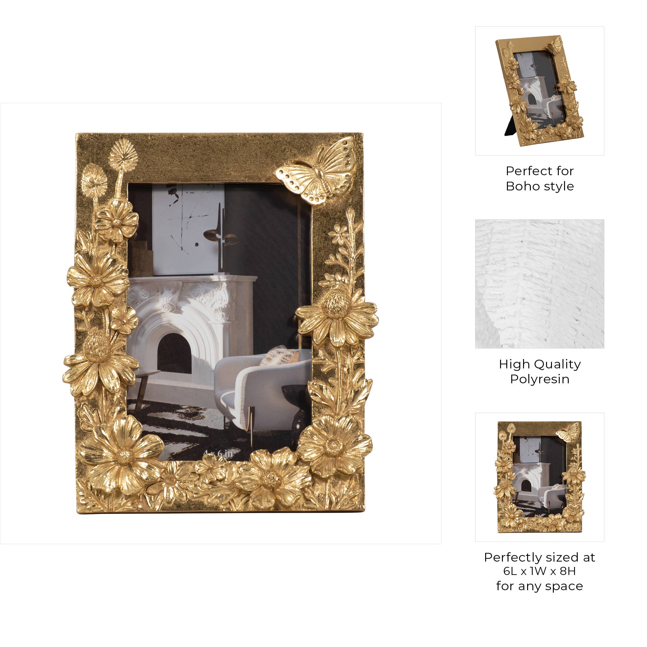 Sagebrook Home - Wholesale Picture Frame - Resin Boho Spring Time Photo Frame - Gold, 4x6 in.3