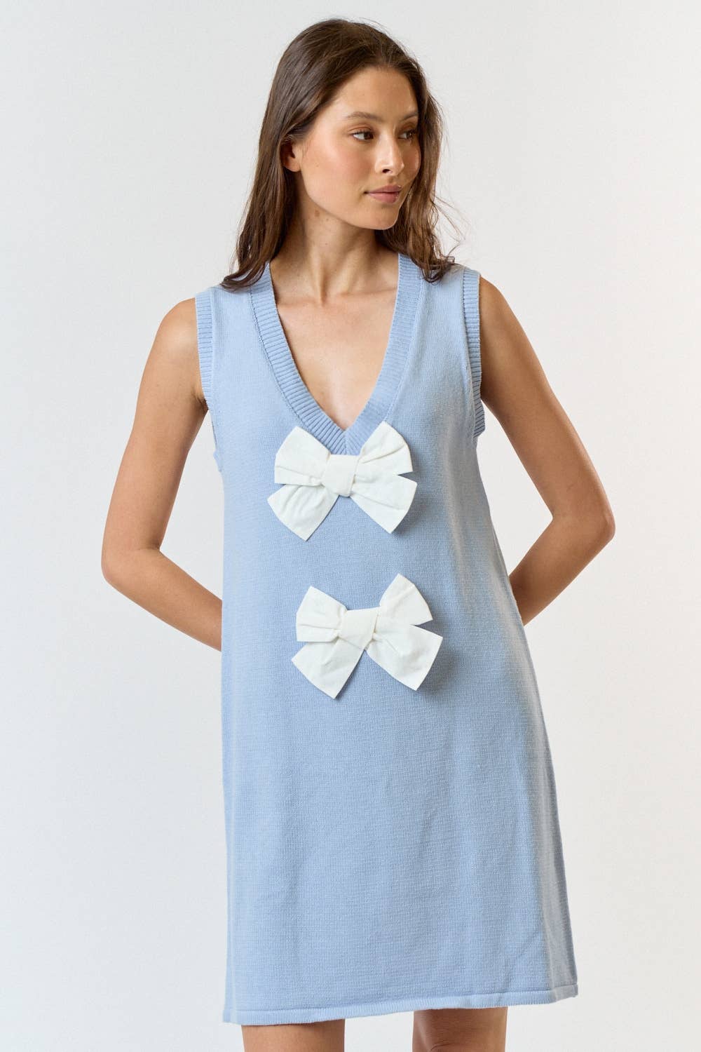 Lalavon - Wholesale Dress - Women's - Front Bow Detail Sleeveless Sweater Mini Dress7