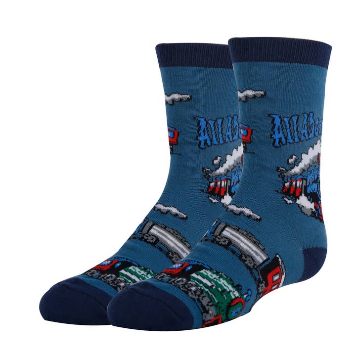 All Aboard | Kids' Funny Train Cotton Crew Socks for wholesale by Oooh Yeah/Sock It Up/Oooh Geez Slippers