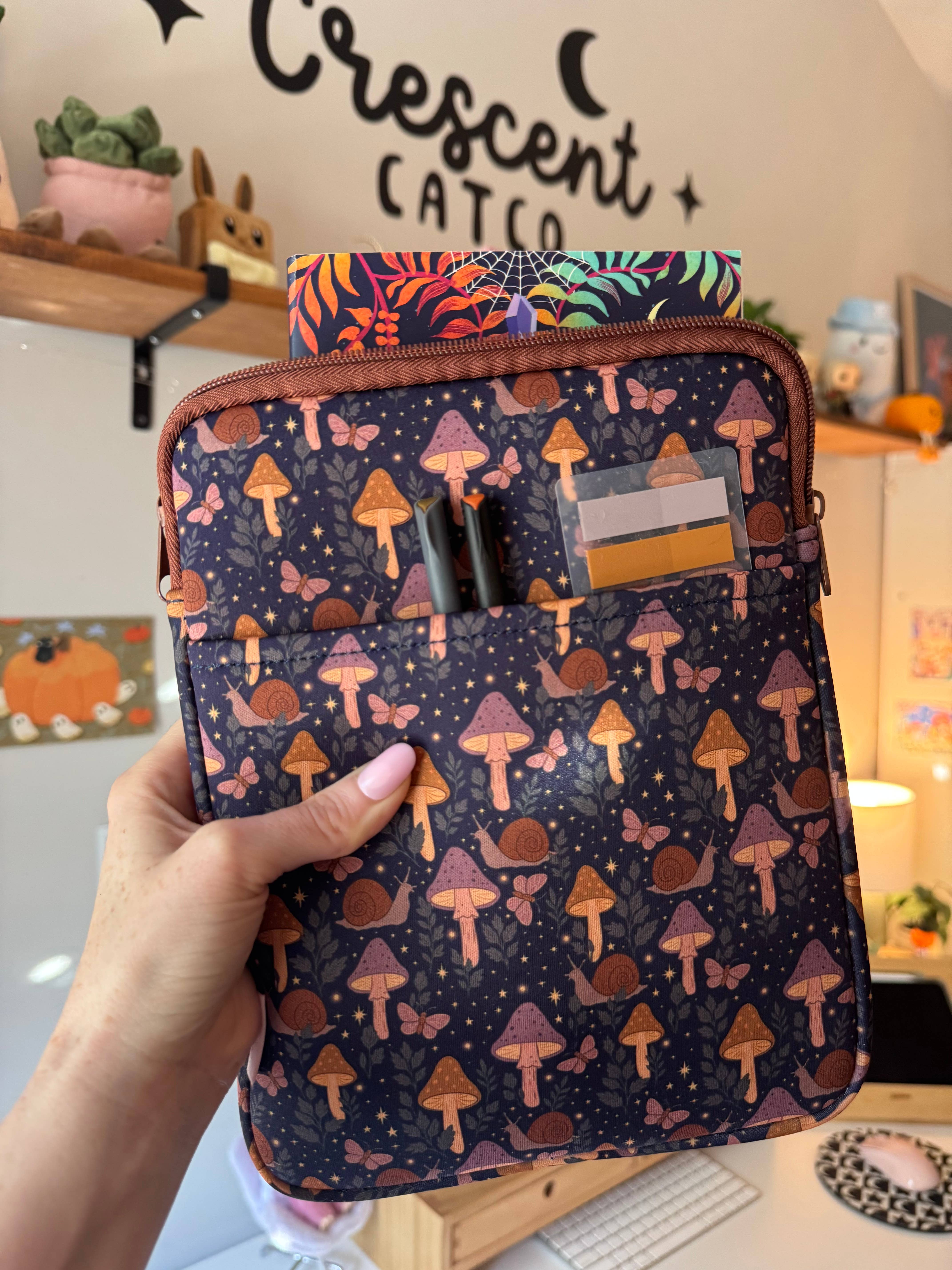 CrescentCatCo - Wholesale Book Cover - Cottagecore Mushroom Book & Kindle Pouch, Zipper and Pocket4