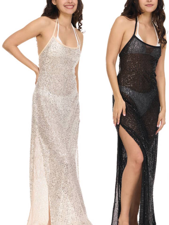 Sequins On Mesh Cover-Up Dress With Strappy Back Details for wholesale by Aruba Blue