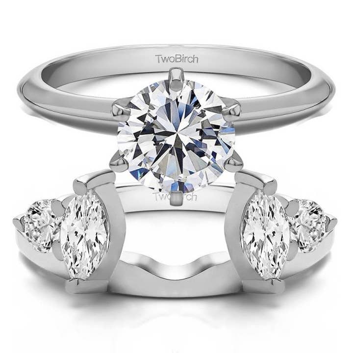 1 Karat. Runder und marquisierter Ehering mit kubischem Zirkonia auf der Rückseite aus Sterlingsilber — nur Ringwickel für den Großhandel von TwoBirch