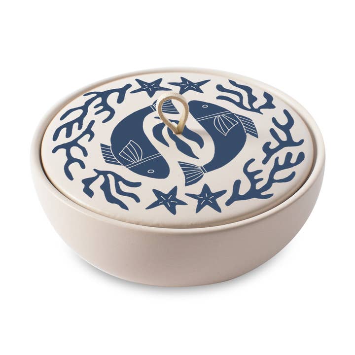 Stoneware Large Round Trinket Box - Indigo Pisces for wholesale by Fringe Studio