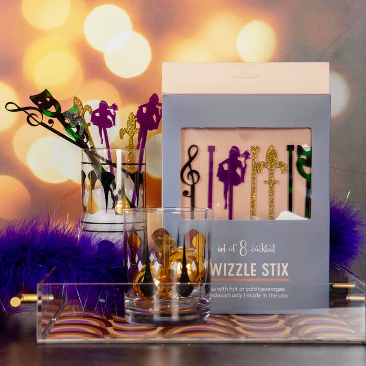 Mardi Gras Acrylic Vintage Beverage Mixing Swizzle Stix for wholesale by Mod Lounge Paper Company