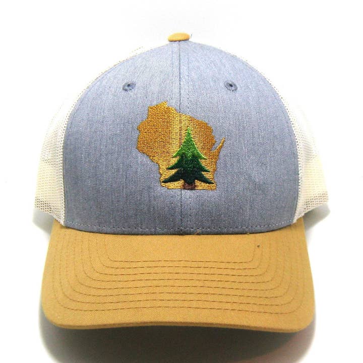 Wisconsin Pine Tree Hat - Mustard and Gray for wholesale by Gracie Designs