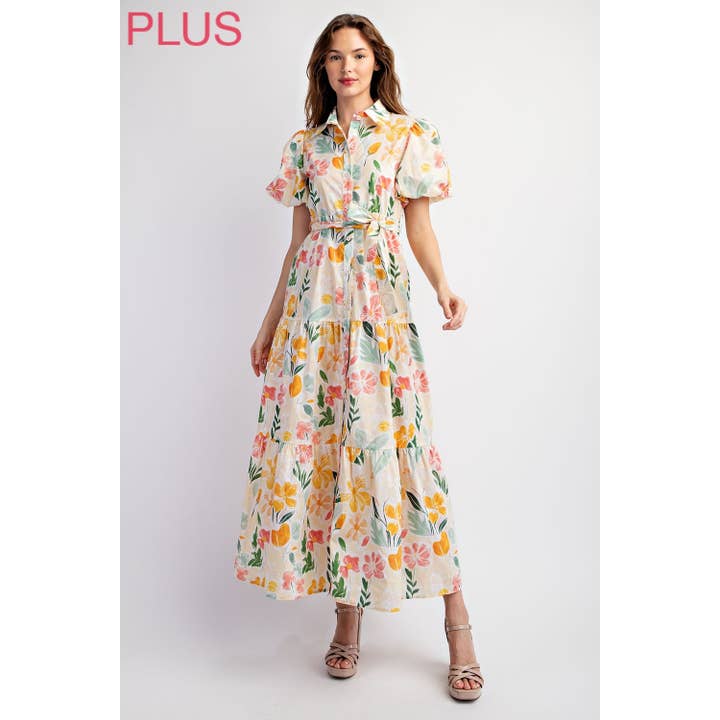Beige Multi PLUS COTTON FLORAL PRINT SHIRT TIERED MAXI DRESS WITH PUFF S for wholesale on Faire