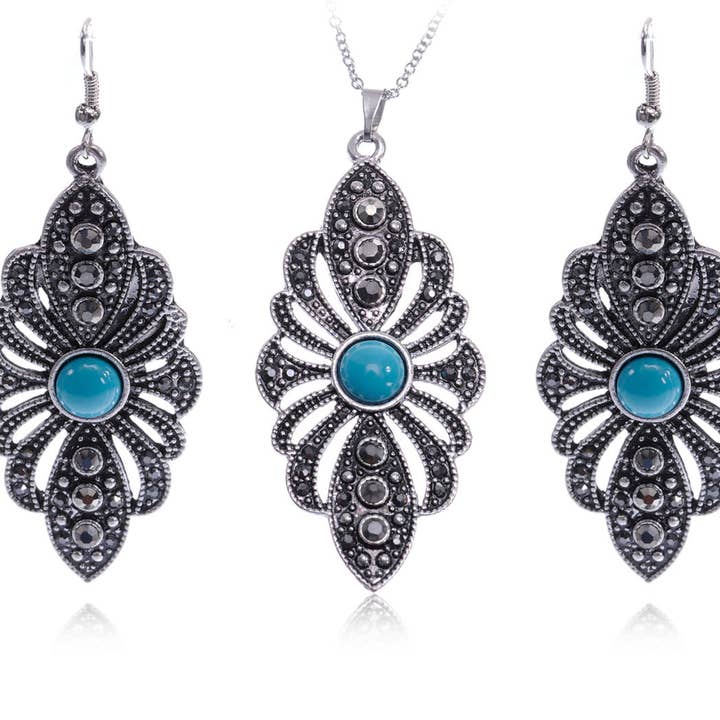 Leaf Turquoise Gray Necklace Earring Set for wholesale by AK Brand