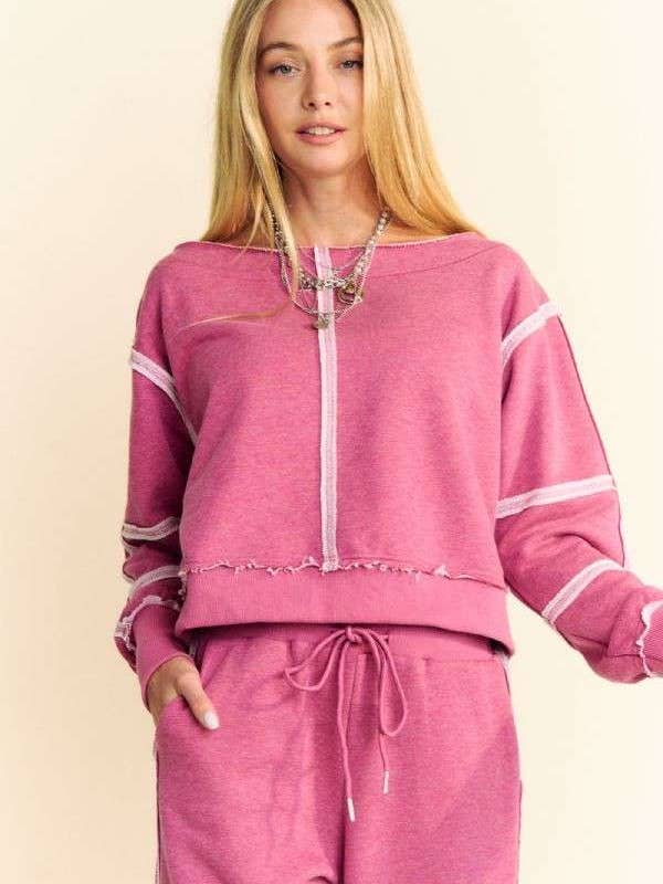 Davi & Dani - Wholesale Top & Pant Set (NOT Loungewear) - Women's - RAW EDGE OUTSEAM TOP ELASTIC WAISTBAND PANTS SET