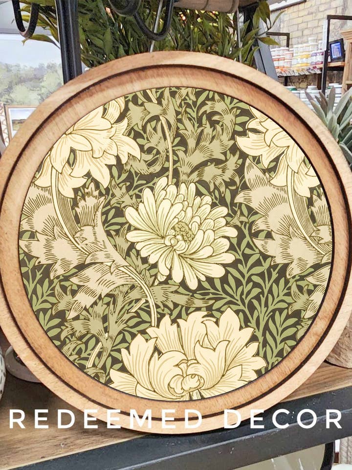 8" Round Green Floral Tapestry Art for wholesale by Redeemed Decor