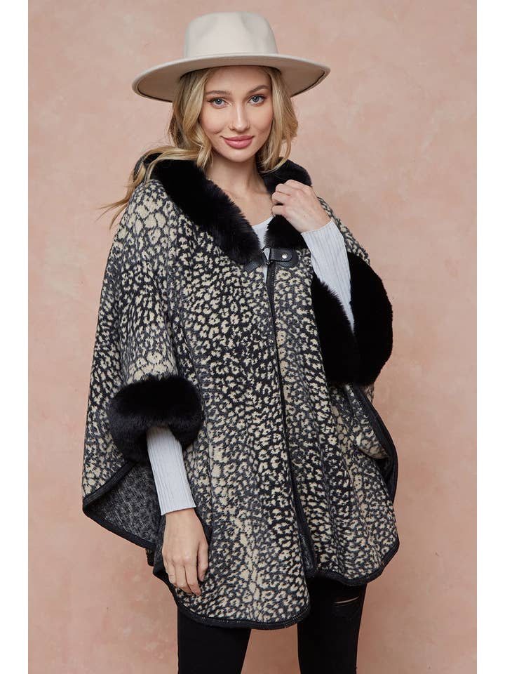 GREY MOCHA Faux Fur Trimmed Hooded Poncho for wholesale on Faire