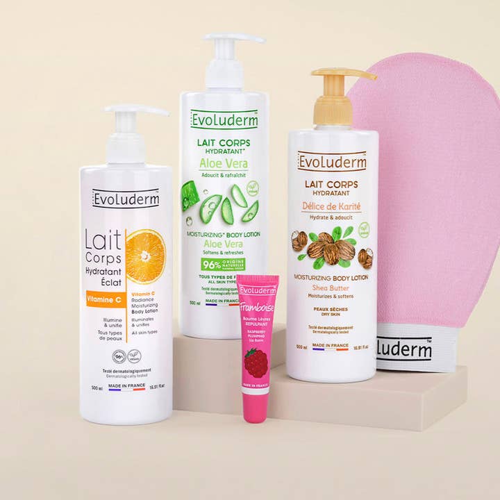 Oferta Descubrimiento: 3 leches corporales + bálsamo labial + guante exfoliante de regalo para venta al por mayor de Evoluderm