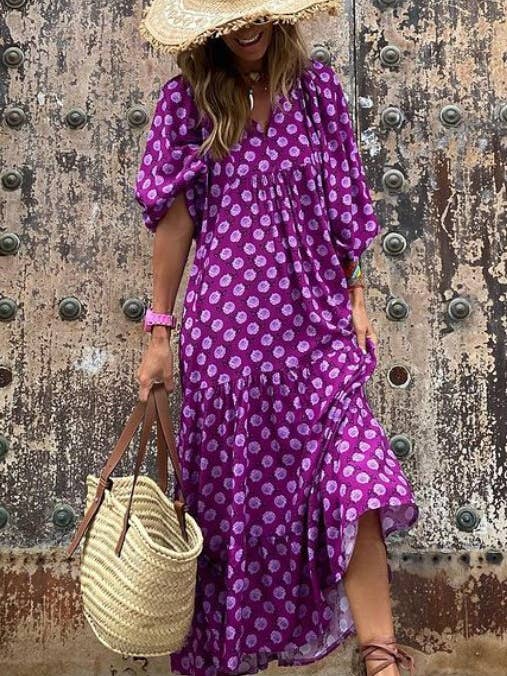 Rosa Clothing - Wholesale Dress - Women's - Bohemia Floral Balloon Sleeves loose flare swing dress