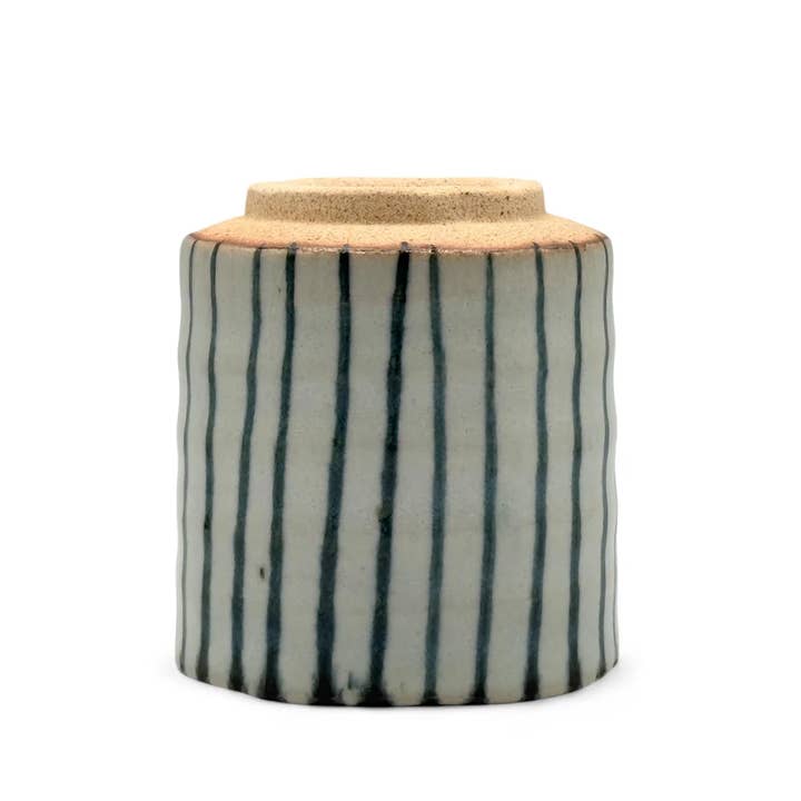 Inoue Tea - Wholesale Coffee/Tea Cup - Tokusa Stripe White Mino-yaki Yunomi by Kimura - Japanese Teacup