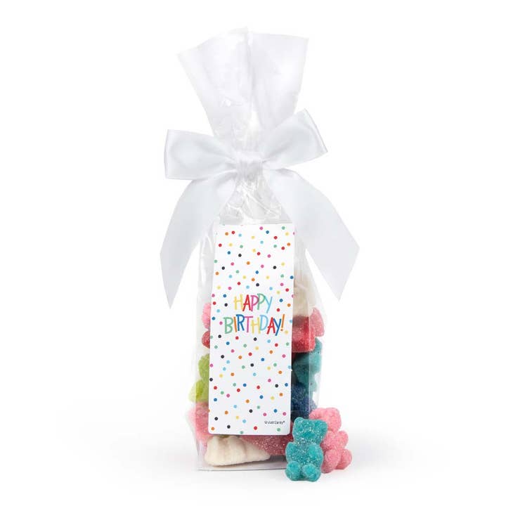 Birthday Stand Up Bow Bag with Assorted Sugar Sanded Gummy Bears - Confetti for wholesale by Just Candy