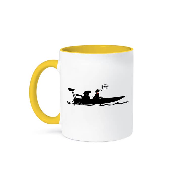 3dRose - Wholesale Coffee Mug - 3dRose, Screamnjimmy cruising his drag boat on the lake and shouting DUDE, Mug