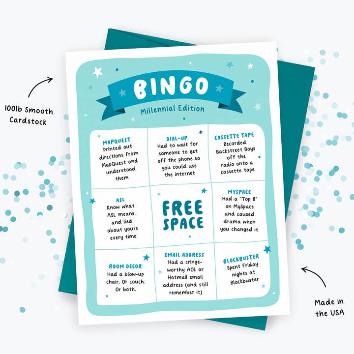 Kreate Paper Co. - Wholesale Birthday Card - Funny Bingo Card Millennial Edition, 90s Nostalgia1