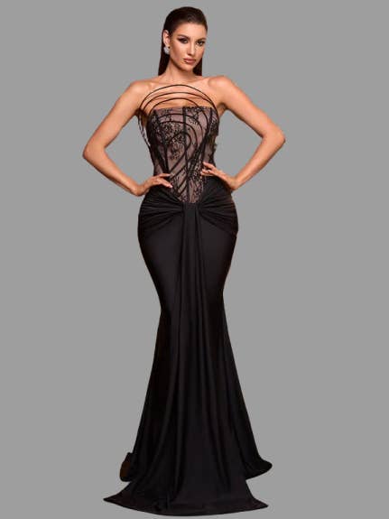 Lace Embroidered Corset Pleated Maxi Evening Gown. for wholesale by Fiona Secret Closet