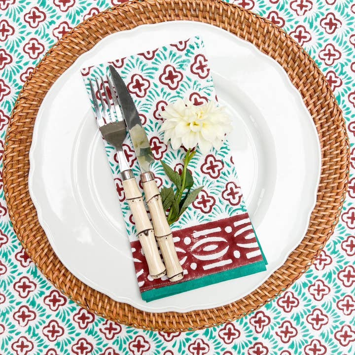 Herald green block print tablecloth for wholesale by Polly Fenwick