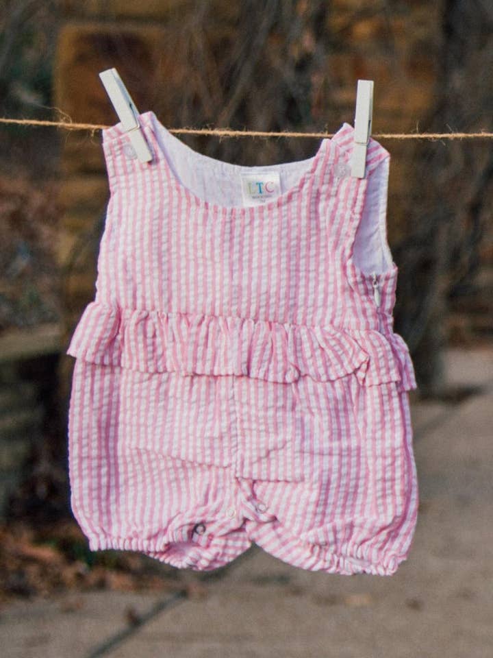 Seersucker Ruffle Romper - Pink for wholesale by Love That Cotton