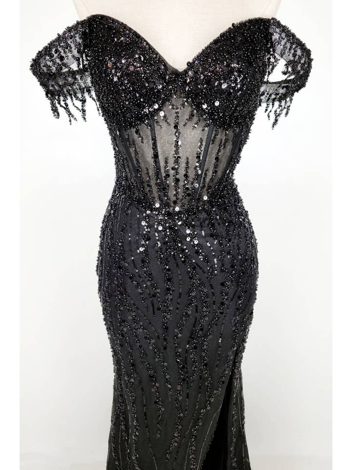 Chicas - Wholesale Gown - Women's - Off the Shoulder Sequin and Bead Long Dress C33111