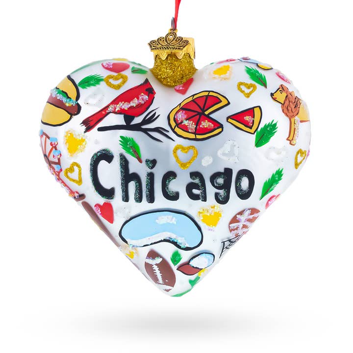 Ornement de Noël en verre en forme de cœur avec les monuments et symboles de Chicago pour la vente par BestPysanky