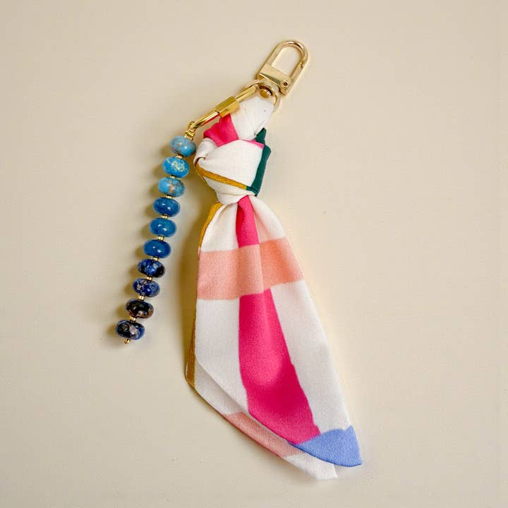 Bold Plaid Silk & Gemstone Bag Charm for wholesale by ETHICGOODS