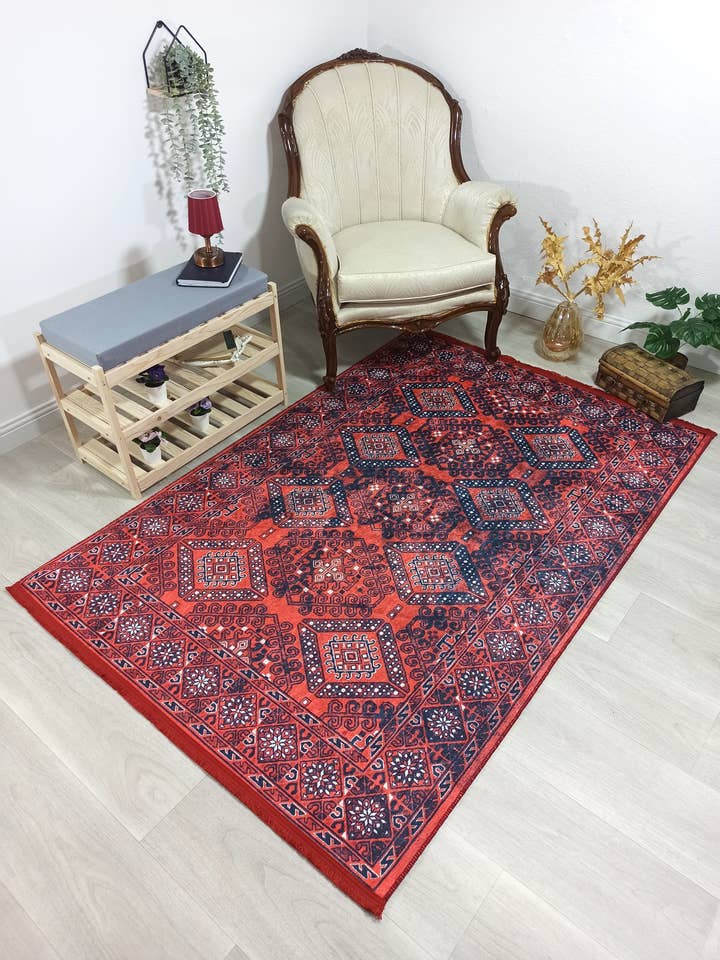 Ramsa Rug Red Navy Blue Turkish Area Rug for wholesale by Fame Living