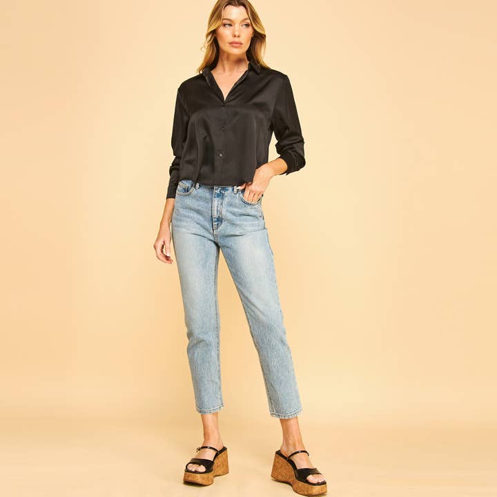 FREEZIA - Wholesale Button Down Shirt - Women's - BUTTON DOWN CROPPED LONG SLEEVE SATIN BLOUSE SHIRT-F763266