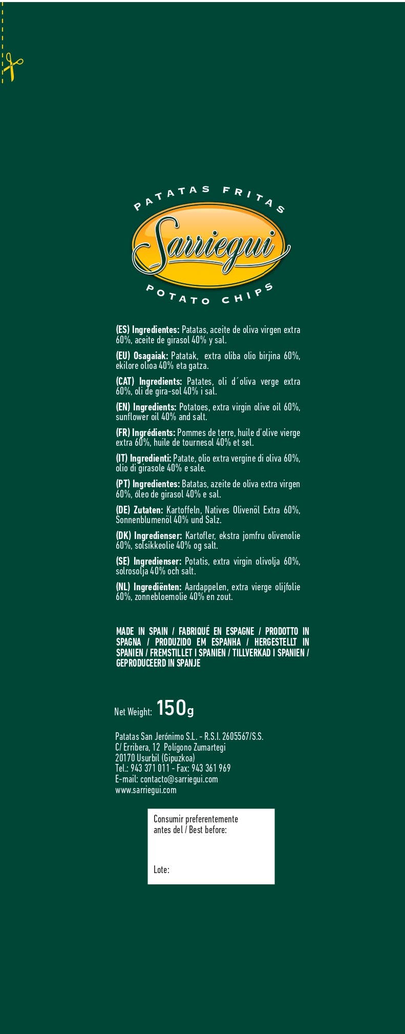 Chips Sarriegui - Wholesale Chips - Aardappelchips 150 g in extra vierge olijfolie met zout8
