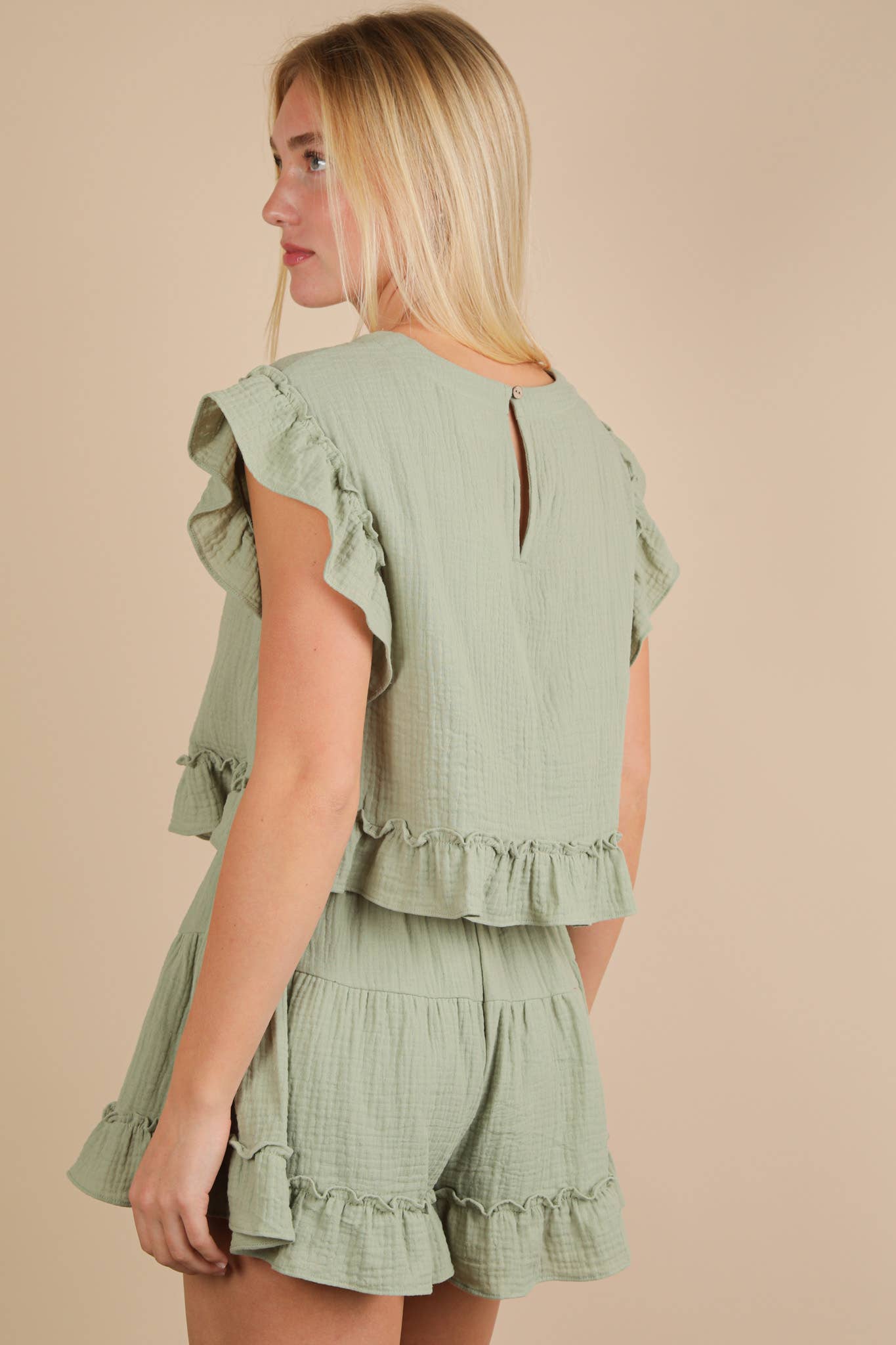 VERY J - Wholesale Top & Short Set (NOT Loungewear) - Women's - NT12150SET-Ruffled Solid Woven Top & Shorts Set9