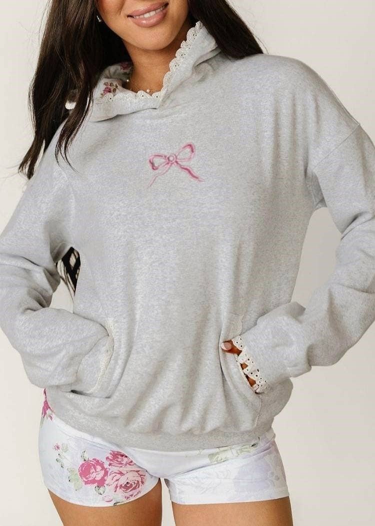 Grey Lace Trimmed Bow Embroidery Floral Hoodie for wholesale on Faire2