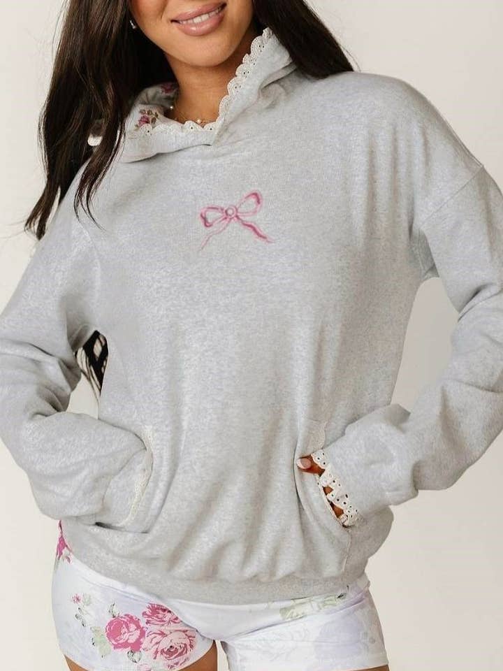 Grey Lace Trimmed Bow Embroidery Floral Hoodie for wholesale on Faire2