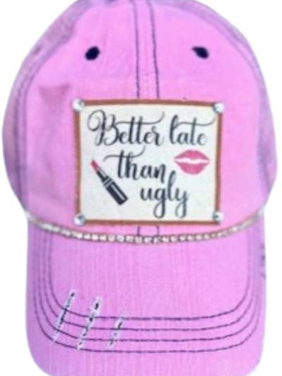 (#155) "BETTER LATE THAN UGLY" DISTRESSED TRUCKER HAT for wholesale by Jana's Flannels