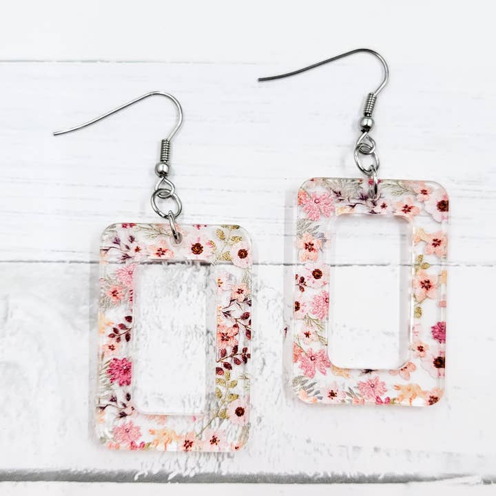 Dusty Pink Floral Acrylic Open Rectangle Dangle Earrings for wholesale by The Purple Chickadee