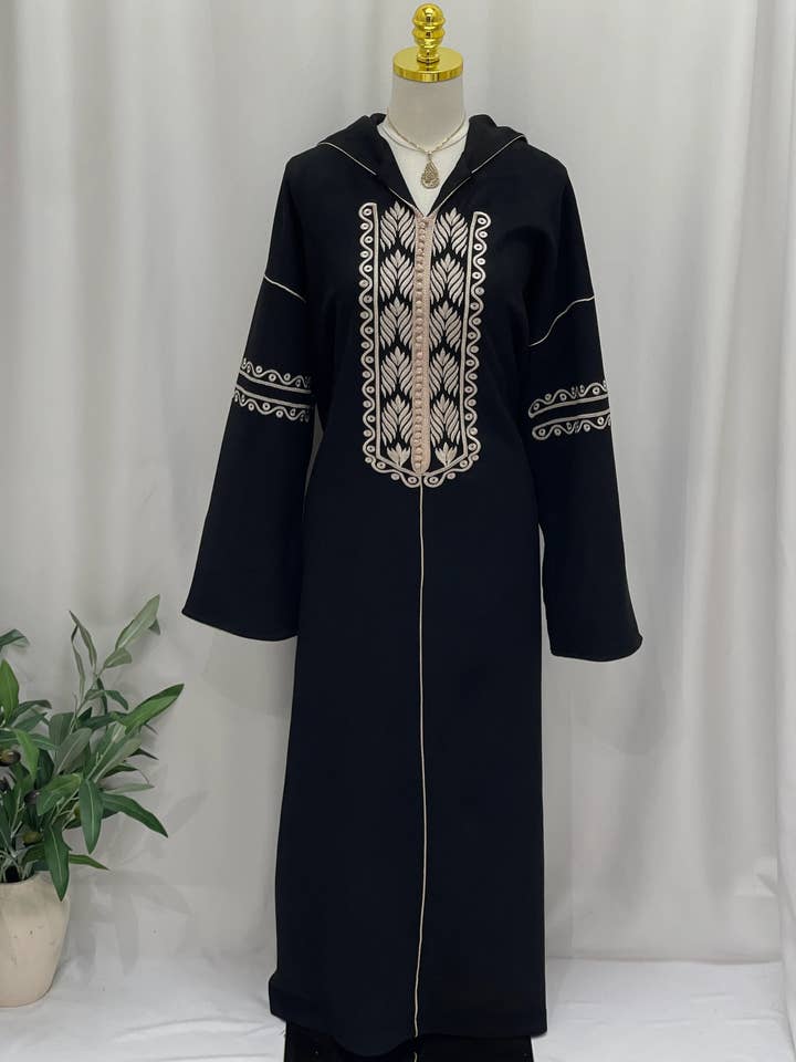 Erfgoed Suède Geborduurde Abaya met Capuchon voor wholesale door Palestinian Elegance